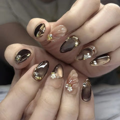 YICKYUE - 24Pcs Fake Nails Autumn/Winter Brown Cat-Eye 3D Floral Short Almond Shape Press-On Nail Tips Perfect Gift for Women and Friends