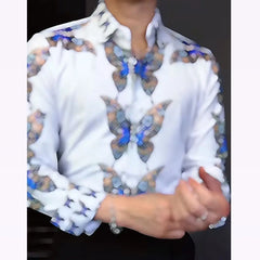 HEARUJOY - Men's Heavy Embroidered Rhinestone Elastic Luxury Butterfly Print Anti-Wrinkle Slim Fit Shirt