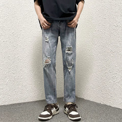 Hearujoy Spring/Summer Loose Jeans Men's Straight Vintage Broken Jeans Street Boys Hip-hop Slim Fit Cropped Pants Light Blue
