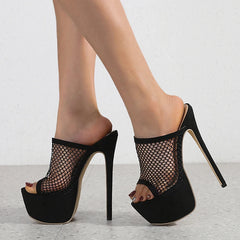 Hearujoy Peep Toe Platform Heels Women Black Mesh Slippers Summer Sandals Fashion Slip on Slides Women Mule Party Stripper Platform Shoes