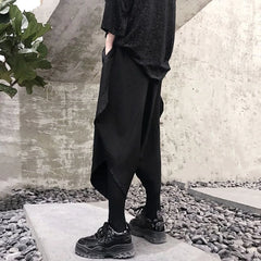 Hearujoy Mens Dark Style Casual Irregular Cropped Pants 2024 New Genderless Trendy Personalized Solid Color Loose Wide Leg Pants Unisex