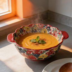 YICKYUE - Ceramics Soup Bowl Delicate Cookware Double Handle Large Capacity Bowl With Spoon Underglaze Color Home Utensils For Kitchen