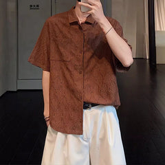 HEARUJOY - Summer Men's Clothing Light Luxury Jacquarded Suit Collar Shirts Streetwear Button-down Short Sleeve Retro Leisure Fashion M-3XL