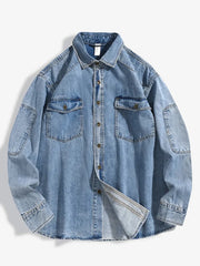 Hearujoy 2024 New Denim Cotton Men's Shirt Long Sleeve Black Blue Drop Shoulder Button Pockets Cowboy Loose Casual Work Jeans Shirts