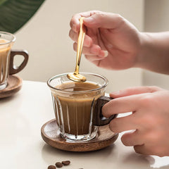 YICKYUE - 2 Set Coffee Cups with Wood Coaster | Tempered Glassware Round Table Setting for Dining, Home Restaurant Use, for Housewarming