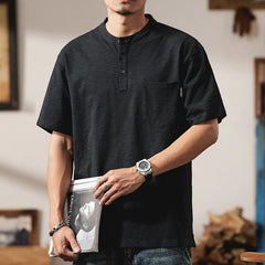 HEARUJOY - Summer Men Heavyweight Short Sleeve T-shirt High Quality Sold Color Button Slim-Fit Henley T-Shirts with Pocket