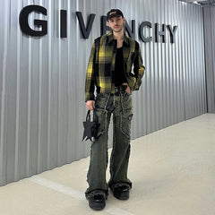 Mens Streetwear Y2k Heavy Craft Washed Flared Jeans Hip Hop Distressed Denim Pants Women Slim Straight Tassel Jeans Raw Edge