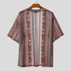 HEARUJOY - Men Shirt Hollow Out Short Sleeve Open Stitch Male Cardigan Streetwear Striped See Through Fashion Men Clothing