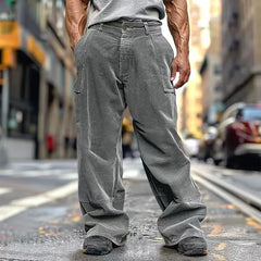 HEARUJOY - Spring Autumn Casual Corduroy Pants Men's Long Pants Solid Drawstring Casual Breathable Wide-leg Multi-pocket Straight Pants