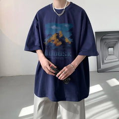 YICKYUE - Men's Cotton T-shirts White 5XL Mens Oversized T Shirt Summer Casual Wear Letter Mountain Print Tee Shirts for Men Male Clothes