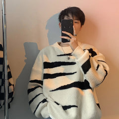 HEARUJOY - Men Knitted Loose Fit Male Jumpers O Neck Long Sleeve Striped Sweaters Pullovers Winter High Street Slight Strech Basics