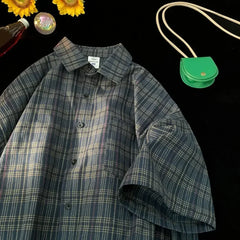 HEARUJOY - Couple Summer Tops Loose Short Sleeve Shirt Daily Casual Wear Plaid Pattern Shirt Vacation Outfits For Daily Wear