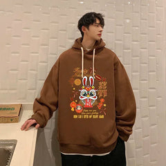 HEARUJOY - Men's Oversized Hoodie Off White Rabbit Print Hoodies with Hat Over Size for Men 5XL Man Hoody Casual Wear Male Sweatshirt