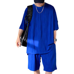 HEARUJOY - Summer Set Men Fashion Casual Shorts Short Sleeved T-shirt Sets Men Streetwear Hip-hop Loose Ice Silk Set Mens Pleated Set