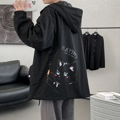 HEARUJOY - Men's Oversized Jackets Cotton With Hat Man Cat Print Coat Casual Wear Autumn 5XL Safari Style Jacket For Men Fashion Outerwear