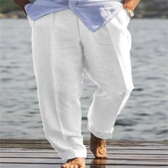 YICKYUE - Men's Linen Blend Loose Fit Trousers, Casual Solid Color Breathable Outdoor Pants with Slant Pockets