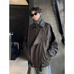 Hearujoy Spring Autumn High Colar Pu Leather Jacket American Retro Cleanfit Handsome Loose Fashion Atmosphere Asymmetrical Zipper Coat