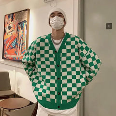 HEARUJOY - V Neck Man Clothes Knitted Sweaters for Men Green Plaid Cardigan Black Jumpers Sale Wool A Mode T Shirt Warm Korean Autumn S Fun