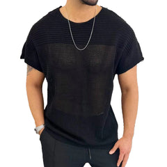 HEARUJOY - Comfort Men Top T-shirts O Neck Hollow Out Knitted Knitting Loose Regular Short Sleeve Solid Sports Stylish Summer