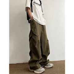 Hearujoy Extra Large Work Pants for Men with a Niche Design Sense Pleated Paratrooper Pants Rugged and Handsome Loose Straight Leg Casual