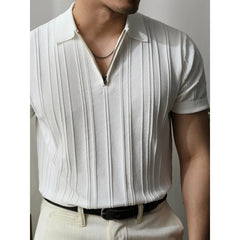HEARUJOY - Summer Men Solid Zipper Knitted Polo Shirt Streetwear Fashion Male Clothes Lapel Slim Basic Business Casual Short Sleeve Tops