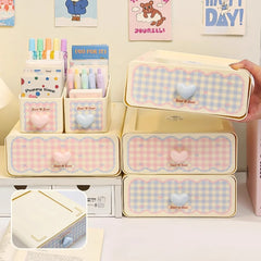 YICKYUE - Kawaii Cream Stationery Storage Box Organizer Large Capacity Student Dormitory Sundries Cosmetic Drawer-style Storage Rack Stack