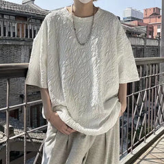 HEARUJOY - Summer New Men's Solid Color Crew Neck Pleated All-match Comfortable Fashionable Loose Half Sleeve Casual T-shirt Tops