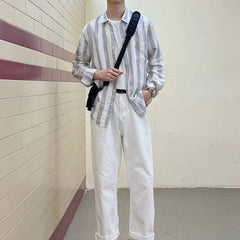 HEARUJOY - Men Long Sleeve Shirt Versatile Hong Kong Style Striped Youth Casual Thin Loose Fit Korean Trendy Shirt Or Light Jacket