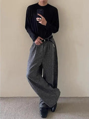 HEARUJOY - Men's Casual Pants Sword Way ey And Bla Plaid Loose Wide Leg Floor Length Spring Autumn High Waist Zipper Fly Straight Tube