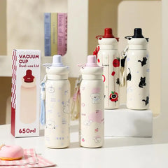 YICKYUE - Cute Cartoon Fashion Straw Cup Large Capacity Student Dual Water Bottle, Stainless Steel Insulated Flask, Bow Bear Pattern