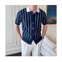 HEARUJOY - Men's Grey Striped Knit Polo Shirt Short Sleeve Contrast Collar Button Front Casual Slim Fit Top For Daily Wear