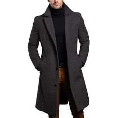 HEARUJOY - Long Black Trench Slim Jacket Mens Single Breasted Solid Vintage Full Sleeve Overcoats Tops Keep Warm