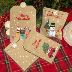 YICKYUE - 24 Christmas Kraft Paper Snack Bags, Holiday Packing Bags Featuring Santa Claus Snowman Prints, Candy Buffet Paper Bags For Xmas