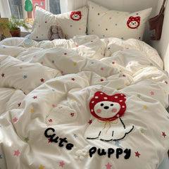 YICKYUE - Cute Puppy Towel Embroidery Bedding sets and Components Duvet Cover with Pillowcase Bed Sheets Bed Linen sets for Girls Kids