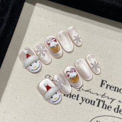 YICKYUE - 10pcs Handmade Press on Nails Christmas Fake Nails Hand-painted Carved 3D Snowman Decor Wearable Crystal Cat's Eye False Nails