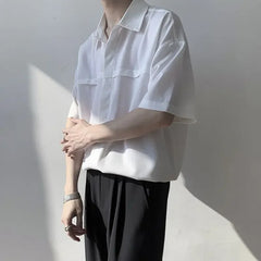 HEARUJOY - White Man Shirt Short Sleeve Shirts for Men Plain High Quality Luxury with Collar New in Designer Vintage Summer Casual Silk