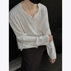 HEARUJOY - Spring Long Sleeved T-shirt Men Oversized Casual V-neck T Shirt Men Streetwear Korean Loose Pleated T Shirt Mens Top M-3XL