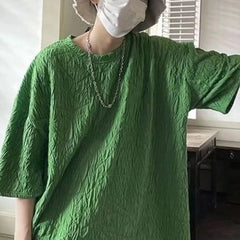 HEARUJOY - Summer New Men's Solid Color Crew Neck Pleated All-match Comfortable Fashionable Loose Half Sleeve Casual T-shirt Tops