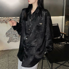Hearujoy Mens Chinese Style Dragon Totem Printed Shirt 2024 Spring New Fashion Versatile Satin Streetwear Retro Long Sleeve Top Unisex