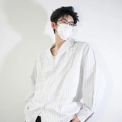 HEARUJOY - Long Sleeved Shirt Men Fashion Society Mens White Dress Shirt Korean Loose Blue Striped Shirt Mens Double Breasted Casual Shirt