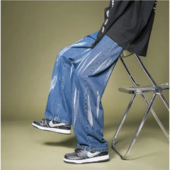 Hearujoy Autumn Winter New Straight Jean Pants Korean Style Men's Tie-dye Wide-leg Jeans Trousers Unisex Streetwear Casual Pants