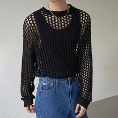 Hearujoy 2024 New Men's Vintage Loose Smock Tops Summer Fashion All-match Casual Geometic Hollow Out Outfits See-though Knit Shirts