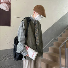 HEARUJOY - Spring Autumn Retro Japanese Corduroy Vest for Men Collarless Versatile Casual Jacket Trendy Layering Outerwear