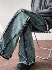Hearujoy Retro Patchwork Vintage Jeans Men's Straight Leg Heavyweight Cleanfit High Street Deconstruction Wide Leg Slightly Flared Pants