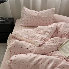 YICKYUE - Pink Polka Dot Lace Washed Cotton Bedding Set Three Piece Pure Cotton Student Duvet Cover Cotton Quilt Cover All Cotton Sheet