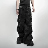 Hearujoy American Vintage Gothic Black Y2K Washed Multi-Pocket Spliced Raw Edge Jeans Mens Loose Street Trend Hip Hop Rap Wide Leg Pants