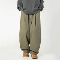 HEARUJOY - Pleated Design Men Casual Trousers Solid Color Drawstring Summer Korean Style Elastic Waist Straight Leg Male Pants 9W3495