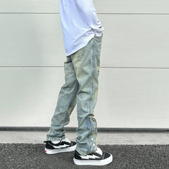 Streetwear Men Blue Washed Jeans Relaxed Fit Side Zipper Buckle Tapered Jeans Pants Male Distressed Hole Denim Pants Vintage