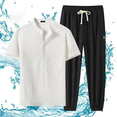 HEARUJOY - Summer New Loose Two Piece Set Men's Short-sleeved T-shirt Pants Korean Wrinkle Sports Casual Suit Trend Men Clothes