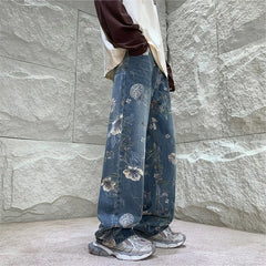 Hearujoy Mens Printed Jeans 2024 Floral Denim Mopping denim Trousers Korean Style High Street Loose Hip Hop Wide-leg Jean Pants casual